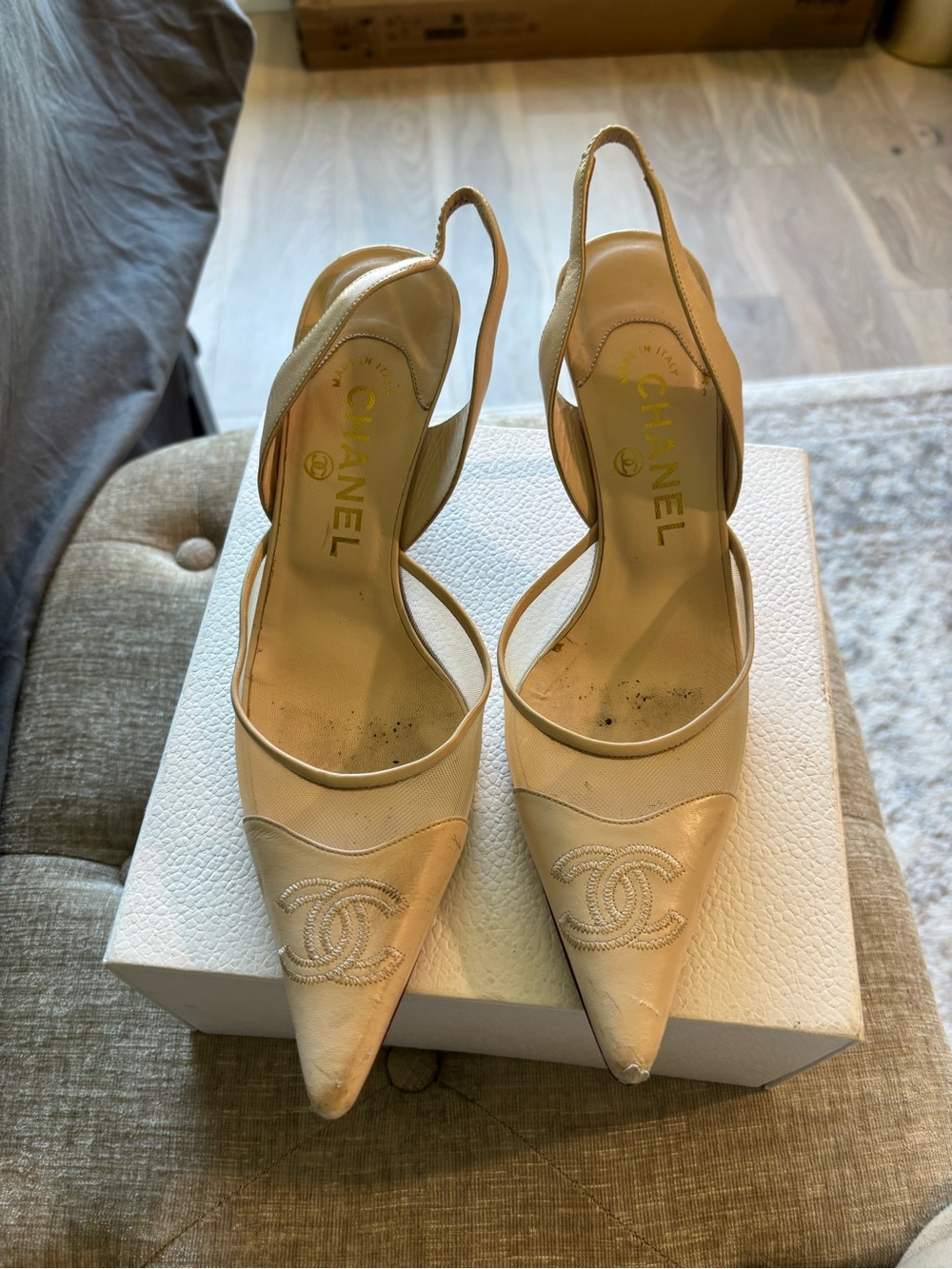 CHANEL BEIGE MESH SLINGBACK RIBBON HEELS SIZE 38